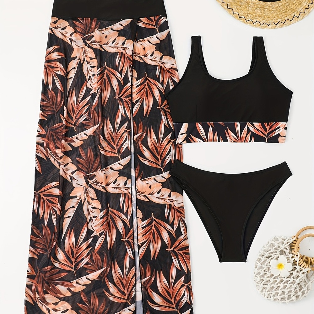 SHEIN Black and Brown Leaf Print Bikini Set